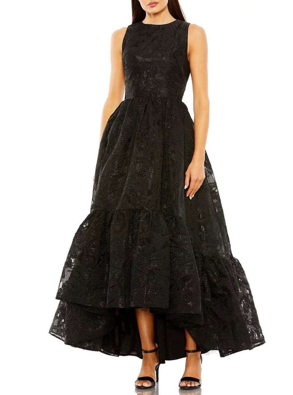 Mac Duggal 20714 Black Evening Gown Floral Jacquard High Low Dress Size 8